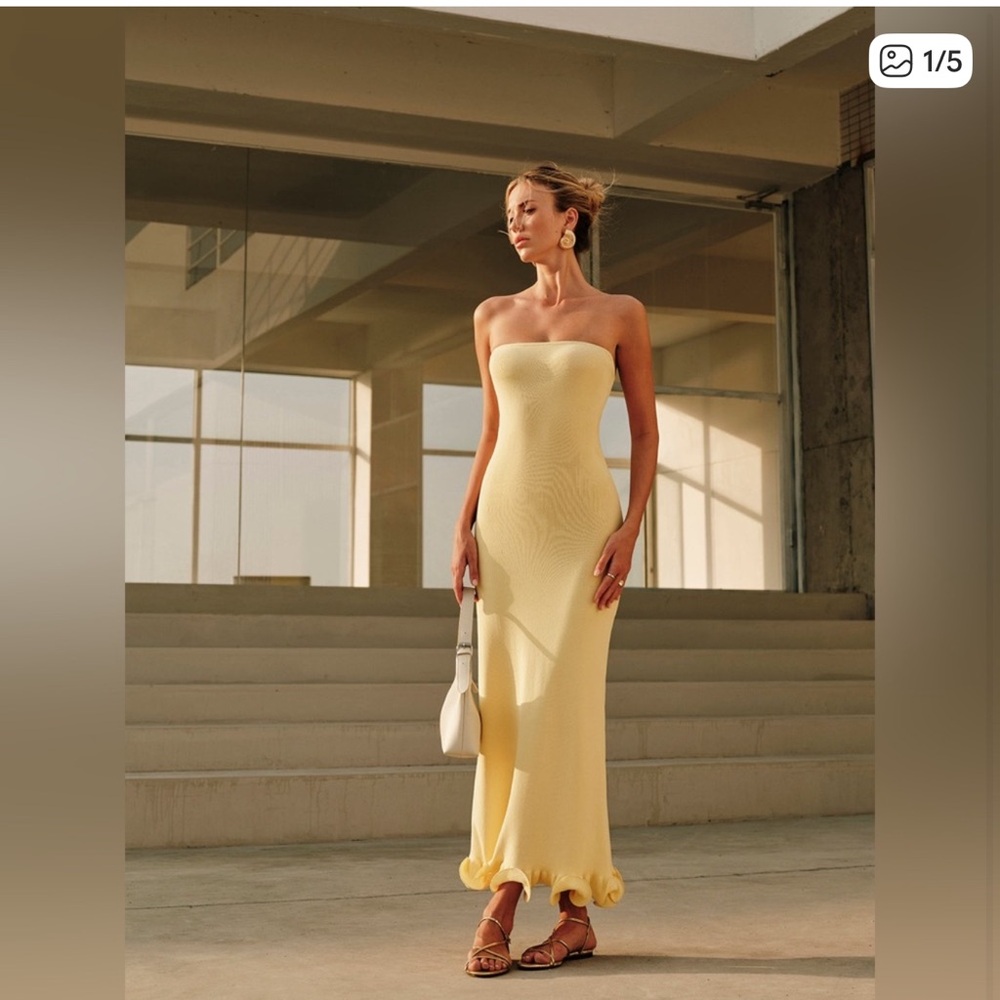 Commense Yellow Cold-Shoulder Knit Ruffle Dress